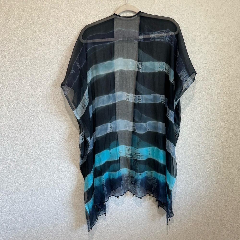 Boho Womens Blue and Black Striped Shawl Beaded Chiffon Kimono Beach Sheer Silk